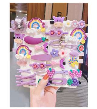 28pcs/set Girls' Purple Daisy & Butterfly & Cartoon Fruit Design Rainbow Hair Clip