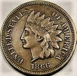 1866  Indian Head Cent, Superior Features, Used, Refundable, Ships Free