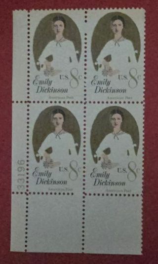 One Mint Plate Block .08 Emily Dickenson US Postage Stamps