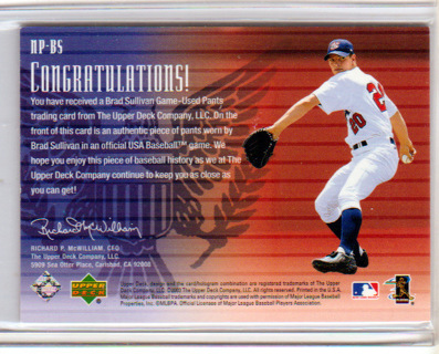 Brad Sullivan, 2003 Upper Deck National Pride RELIC Card #NP-BS, Team USA, (L6