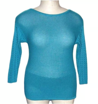 New Teal Blue Fitted Zip Back Textured Sweater Size M Med 3/4 Sleeve Stretch Cotton Blend