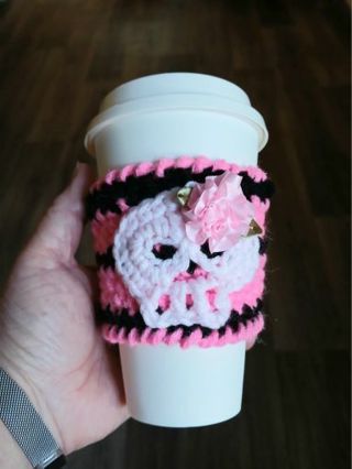 Pink Skull Cup Sleeve/Cozy. NEW. Crocheted by Me.