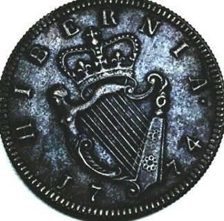 1774 Irish Coin, George III and Irish Harp, 30mm, Refundable, Insured, Genuine