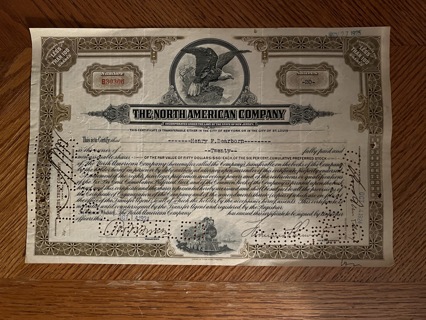 North American Company stock certificate 1924 Original Dow Jones Industrial Average stock