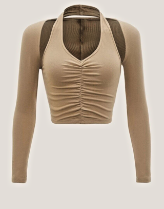 NEW ~ Sexy Ruched Ribbed Knit Halter Top & Shrug Top Tan SHOW Off Medium
