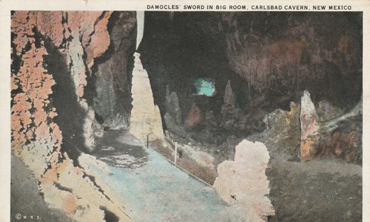 Vintage Used Postcard: gin: 1930 Damocles Sword in Big Room, Carlsbad Caverns, NM