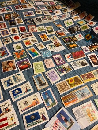 30 different used cancelled US postage stamps trimmed on paper - mystery auction! GIN for more!