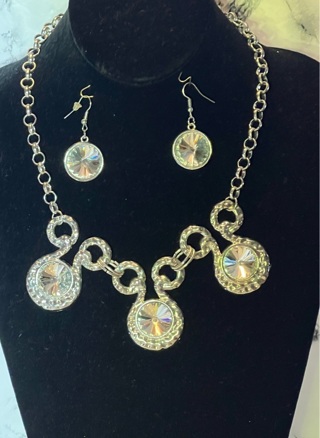  Paparazzi Hypnotized Silver Statement Necklace earrings Rhinestone Cabachon