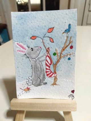 ACEO Original, Watercolor Painting 2-1/2"X 3/1/2 Whimsical Bunny Bird & Mouse by Artist Marykay Bond