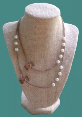Faux Pearl Mesh Metal Bow Necklace Wear Long Or Doubled Over Jewelry 36.5"