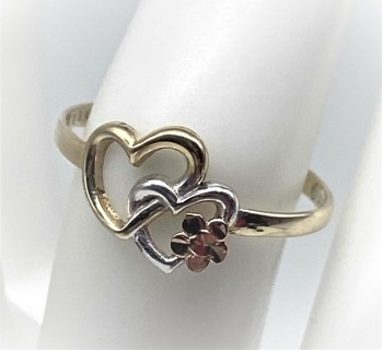 Solid 10k Tri Gold (Yellow, White, Rose Gold) Flower Double Heart Ring
