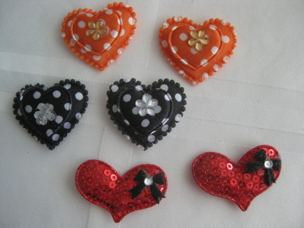 Puffy fabric decorated hearts embellishments, 6 total, 2 of each color