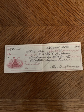 1908 Check for $225 Charleston Savings