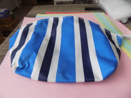 blue, White and black striped Estee Lauder zipper make up bag 9 x 6