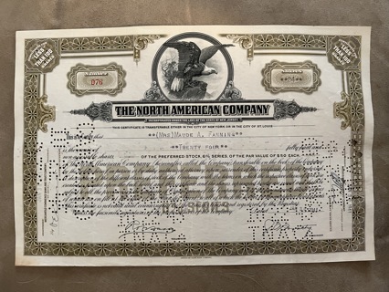  North American Company stock certificate 1941 olive/brown Eagle Original Dow Jones stock 