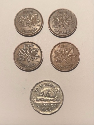 5 Vintage King George VI Canadian Coins