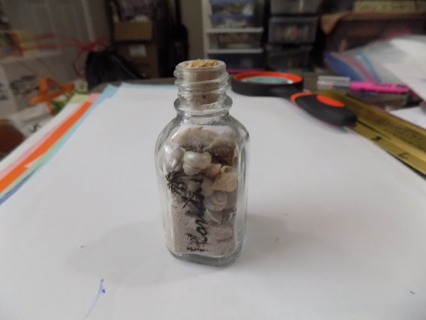 3 inch tall glass corked bottle filled with small seashells a Florida souvenir magnet on back