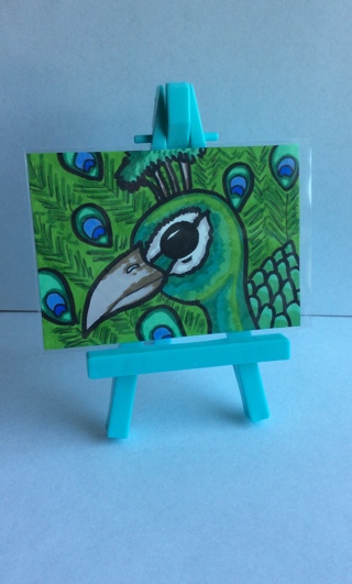 Green Peacock original drawing aceo