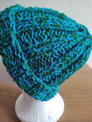 Hand Knit Blue and Green Hat