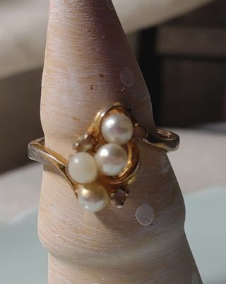 Vintage 1970's 14K Gold Electroplated Faux Pearl CZ Ring Size 7.5 