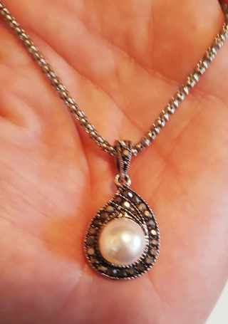 Marcasite Necklace with Pearl, 16'