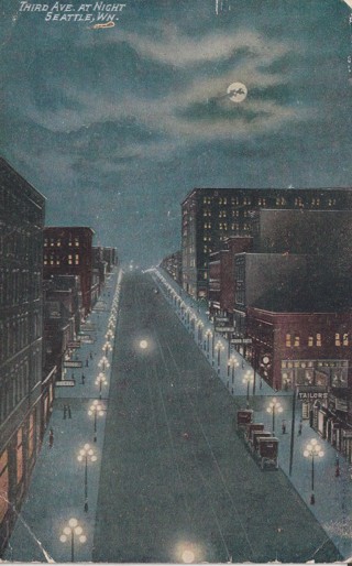 Vintage Used Postcard: (g): 1910 Third Ave at Night, Seattle, WA