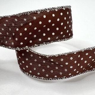 Brown Silver Polka Dot 1.5” Wide Wire Edge Ribbon 