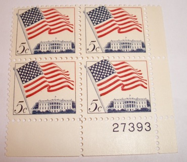 Scott #1208, Waving Flag & White House, Pane of 4 Useable 5¢ US Postage Stamps