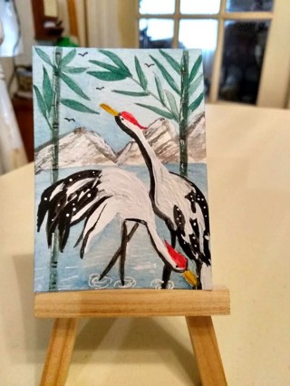 Original Watercolor & Acrylic ACEO Painting 2-1/2"X 3/1/2" Japanese Cranes by Artist Marykay Bond