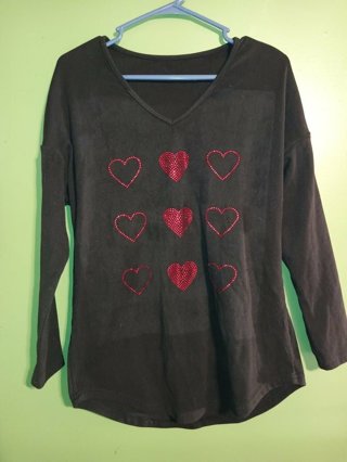 Long-Sleeved Black Top with Rhinestone Hearts / Ladies Size Medium