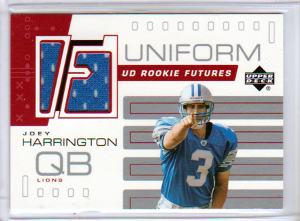 Joey Harrington, 2002 Upper Deck ROOKIE FUTURES RELIC Card #RF-JH, Detroit Lions, (L3