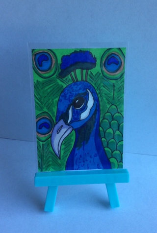 Blue Peacock original drawing aceo