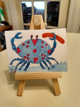 Original Watercolor ACEO Painting 2-1/2"X 3/1/2" Crab running with a cheese doodle by Artist Bond 