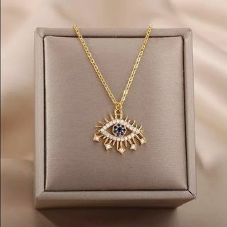 Zircon Evil Eye Pendant Necklace For Women Stainless Steel Vintage Turkish Fatima Choker Collar