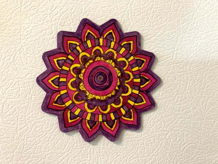 Hand painted Purple and Yellow and Burgundy Mandala Magnet 4 inches