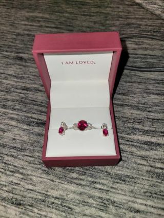 Sterling, pink saphire and cubic zirconia ring with matching earrings. (Helzberg diamonds) size 7