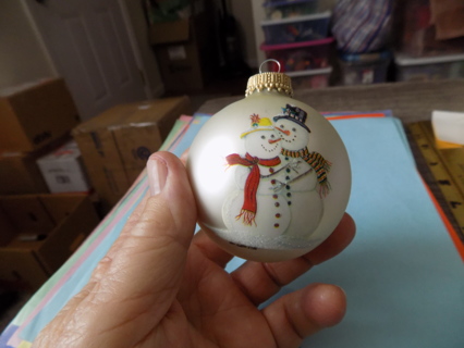 Vintage 2 1/2 inch round frosted ornament, handpainted snowman couple signed # 4