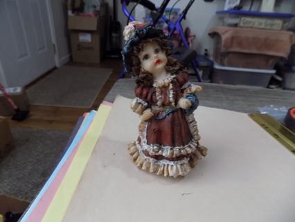 Vintage 5 1/2 tall Litte Victorian Girl Doll  in maroon lace trim gown flowers in hand