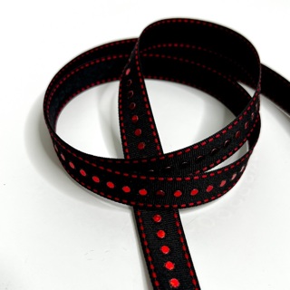 Black 5/8” Wide Grosgrain Ribbon with Red Stitching and Dots