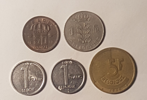 5 Coin Belgium 50 Centimes 1970 1 Franc 1950 1994 1995 5 Francs 1986