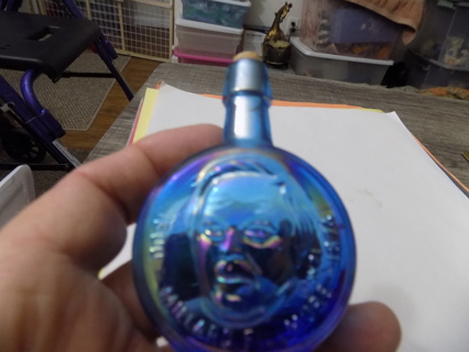 Vintage blue round irredescent Wheaton Bottle 3D Millard Fillmore, corked miniature