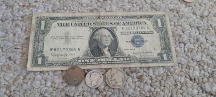 $1 silver certificate, Buffalo nickel, mercury dime, wheat penny