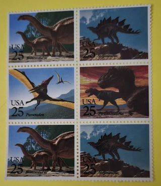 Block of 6 Mint .25 Dinosaurs US Postage Stamps.