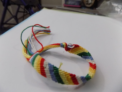 Hand made wide woven string friendship bracelet red, yellow, gold, green,blue, white slanted stripe