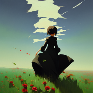 Girl with black dress in field of red roses
