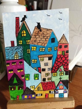 Original, Watercolor Painting " 2-1/2 X 3-1/2" ACEO Houses by Artist Marykay Bond