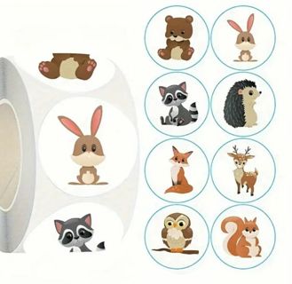 ↗️NEW⭕(8) 1" ADORABLE CARTOON ANIMAL STICKERS!! REWARD RACOON HEDGEHOG FOX SQUIRREL DEER BUNNY OWL