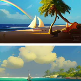 Listia Digital Collectible: rainbow over the sea with palm tree and sail boats