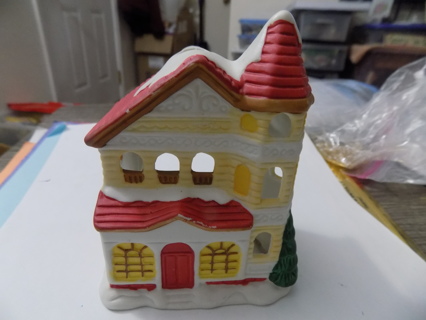 4 inch ceramic yellow village house trim red roof 2 story votive candle holder