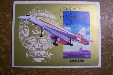 1971 - History of Flight Souvenir Sheet - Balloon, Concorde - Umm al Qiwain, 5 Riyals Air Mail